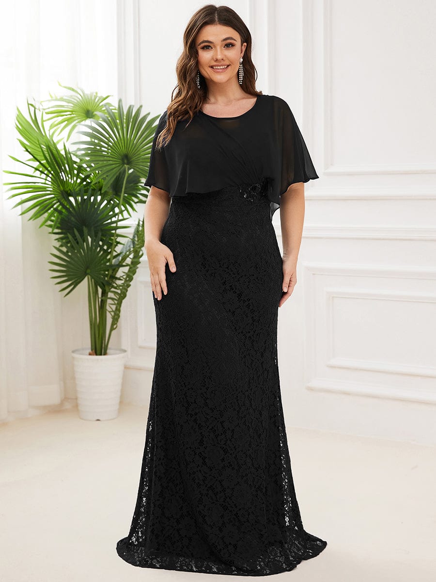 Plus Size Lace Fishtail Chiffon Coverup Mother of the Bride Dress #color_Black