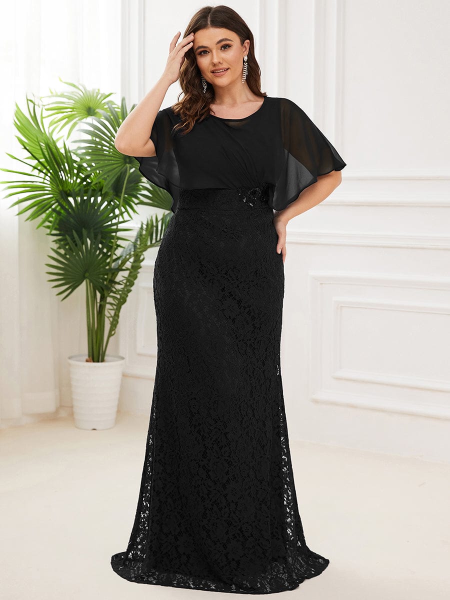 Lace Fishtail Chiffon Coverup Mother Of The Bride Dress #color_Black