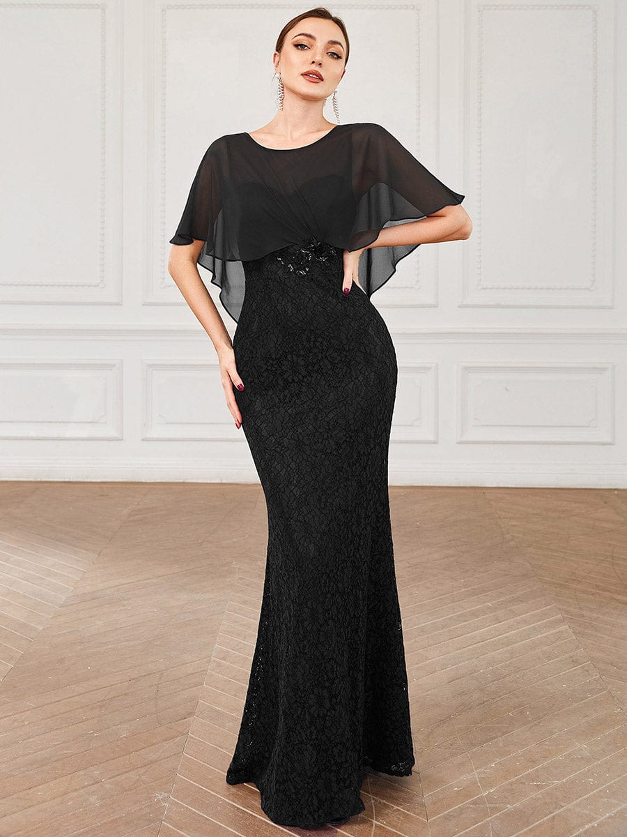 Lace Fishtail Chiffon Coverup Mother Of The Bride Dress #color_Black