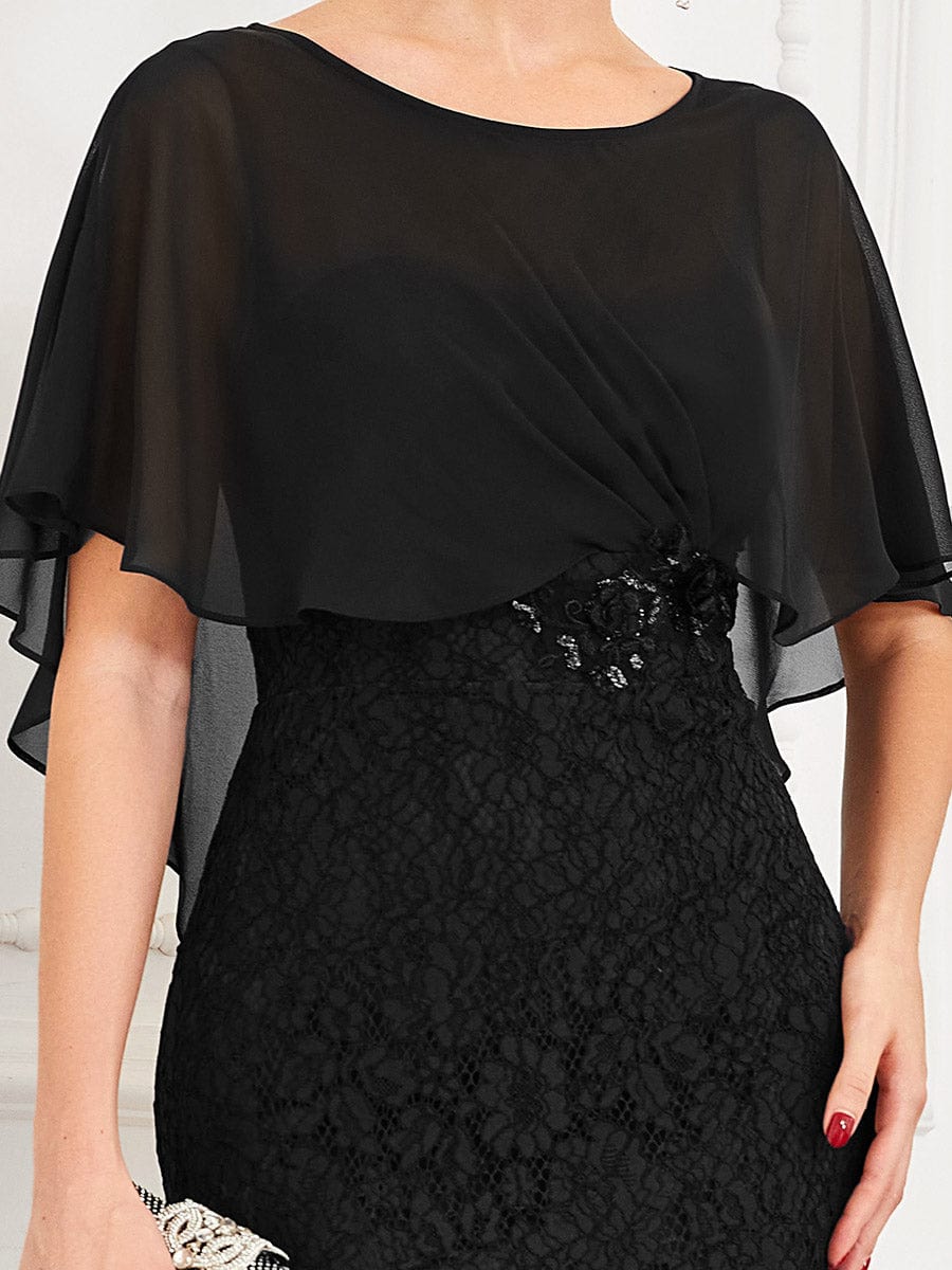 Lace Fishtail Chiffon Coverup Mother Of The Bride Dress #color_Black