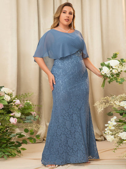 Lace Fishtail Chiffon Coverup Mother Of The Bride Dress #color_Dusty Navy