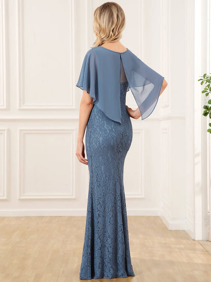 Lace Fishtail Chiffon Coverup Mother Of The Bride Dress #color_Dusty Navy