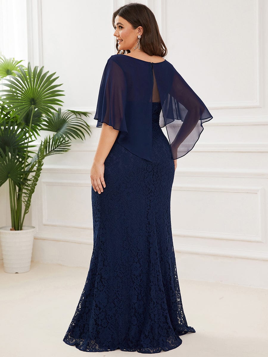 Plus Size Lace Fishtail Chiffon Coverup Mother of the Bride Dress #color_Navy Blue