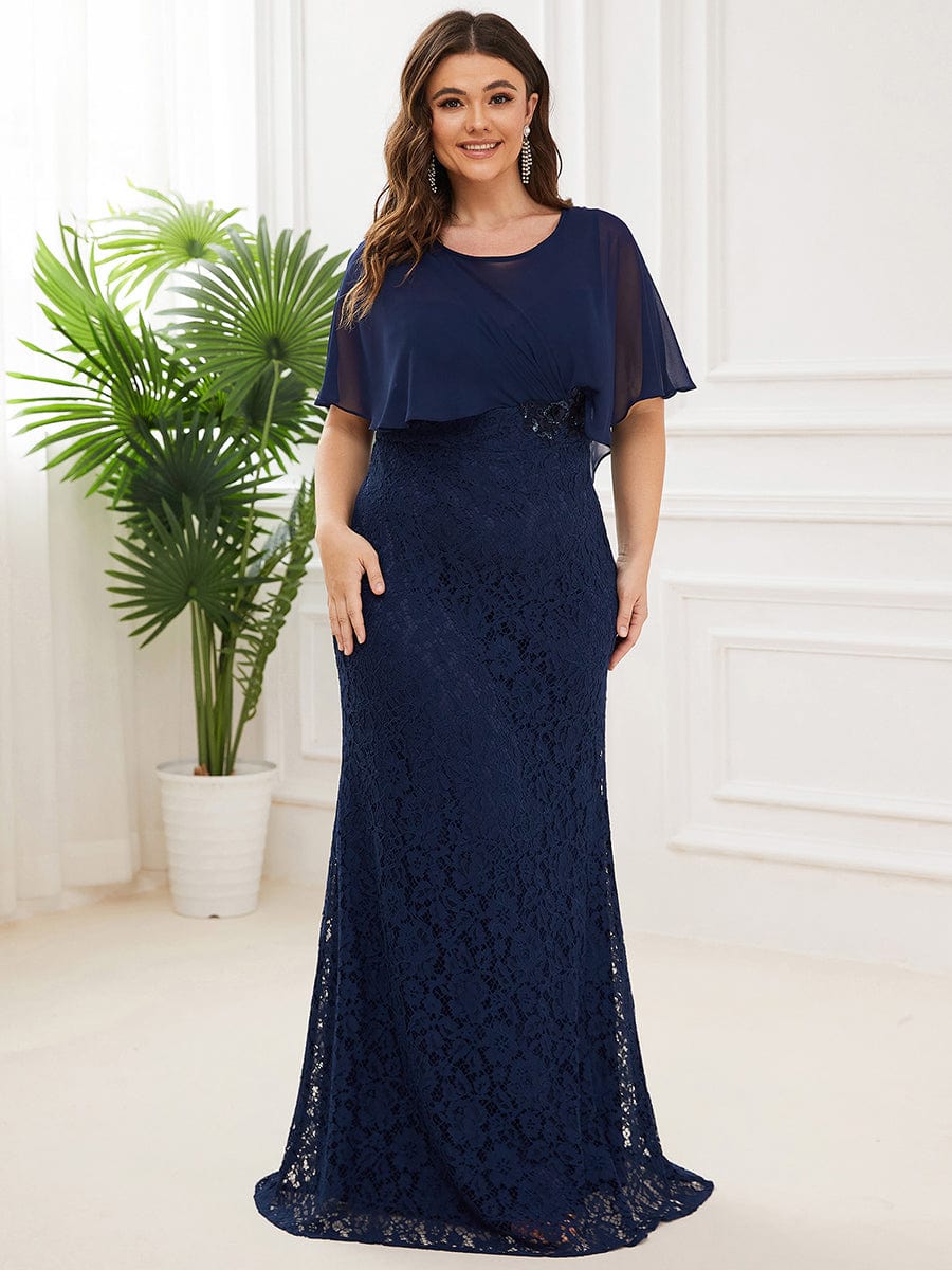 Plus Size Lace Fishtail Chiffon Coverup Mother of the Bride Dress #color_Navy Blue