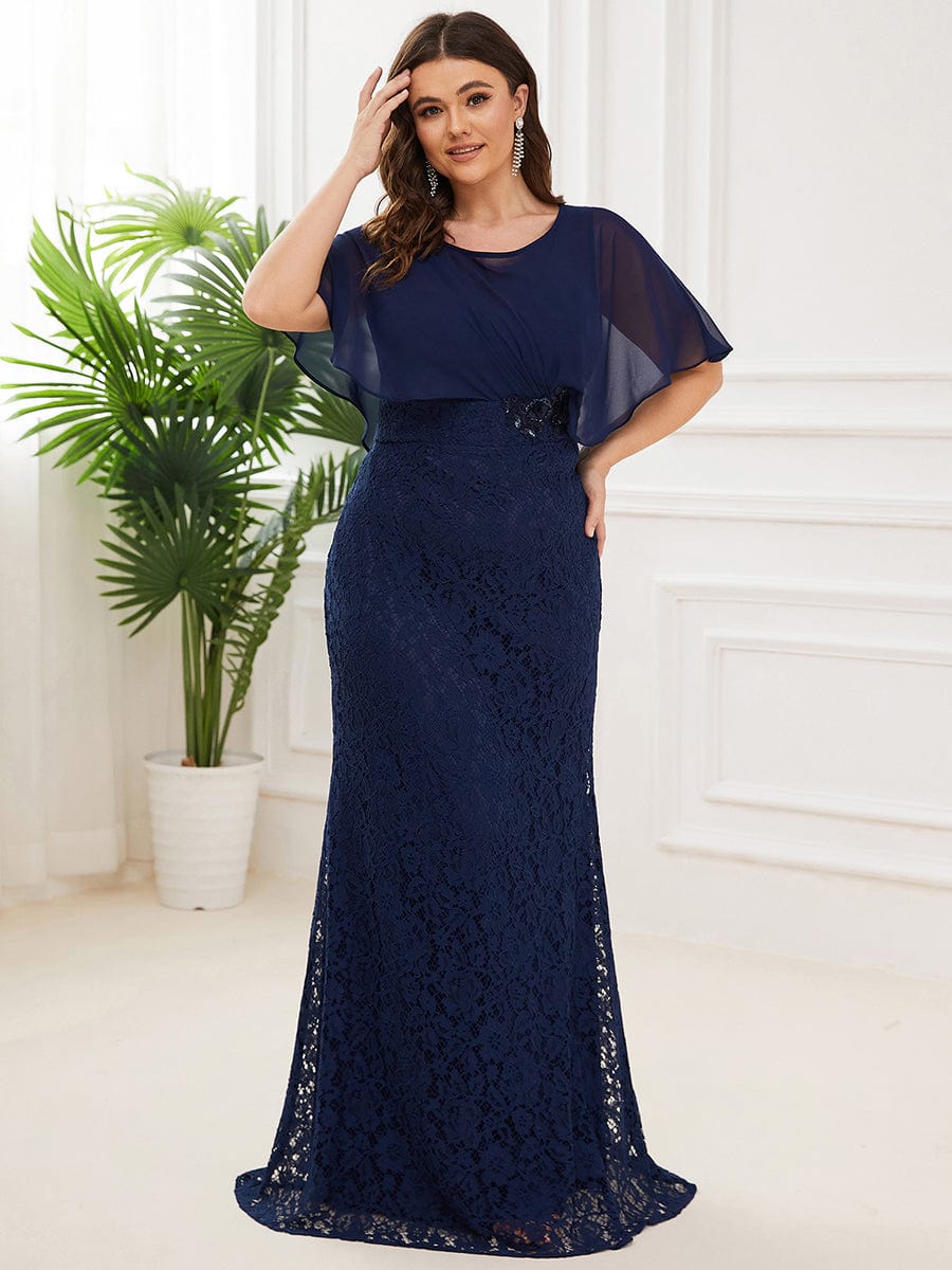 Lace Fishtail Chiffon Coverup Mother Of The Bride Dress #color_Navy Blue