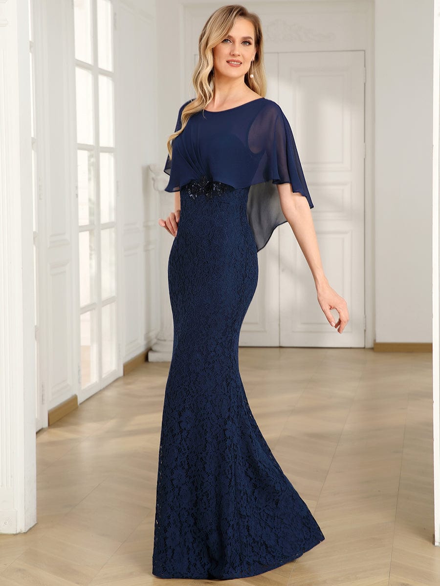 Lace Fishtail Chiffon Coverup Mother Of The Bride Dress #color_Navy Blue