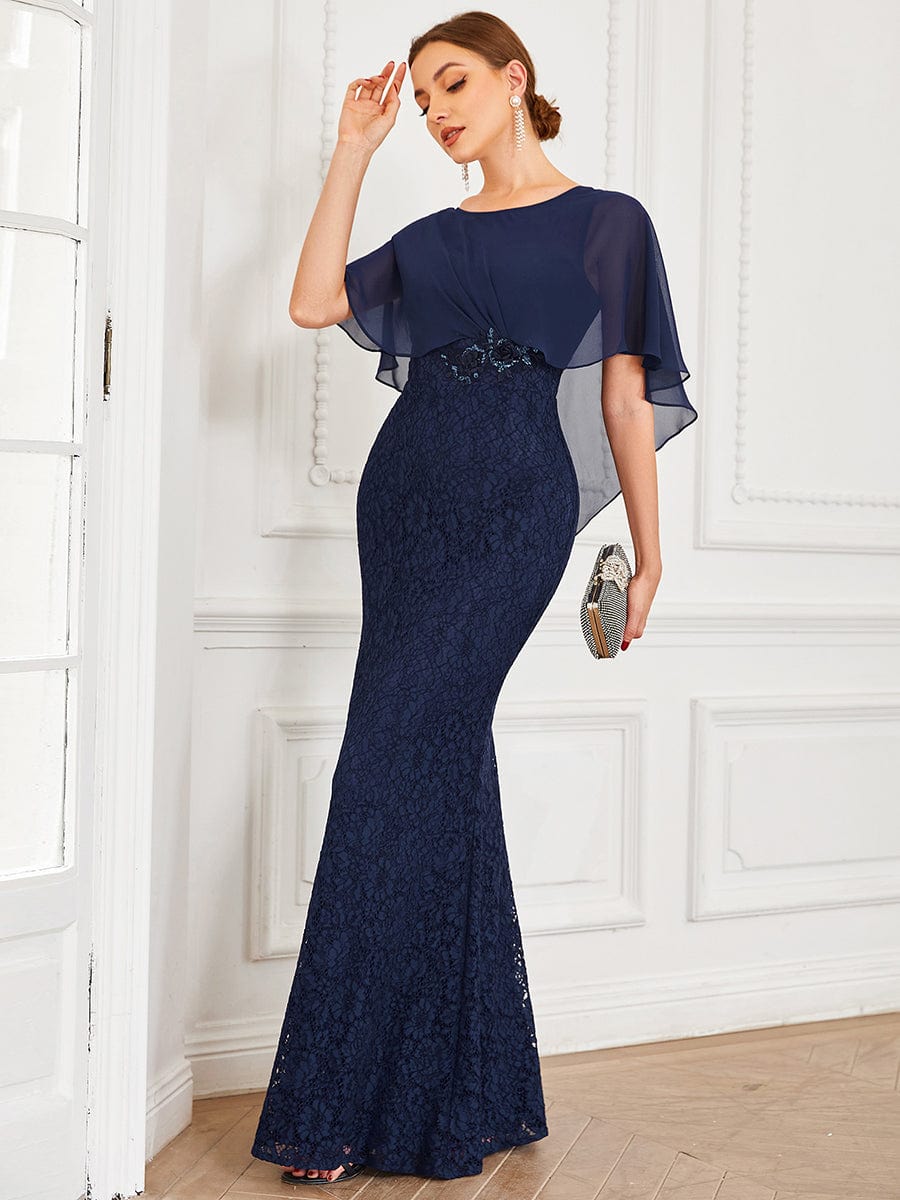 Lace Fishtail Chiffon Coverup Mother Of The Bride Dress #color_Navy Blue