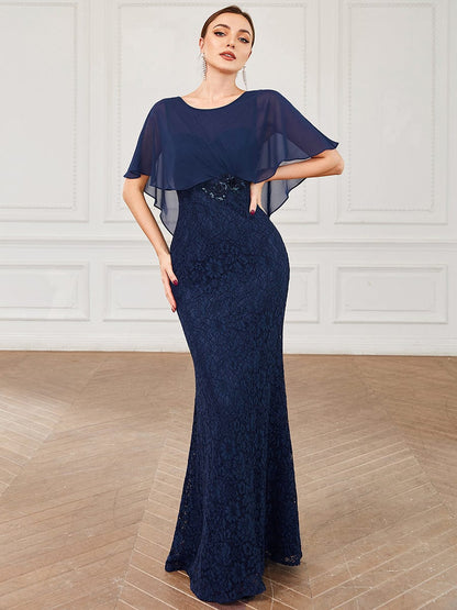 Lace Fishtail Chiffon Coverup Mother Of The Bride Dress #color_Navy Blue