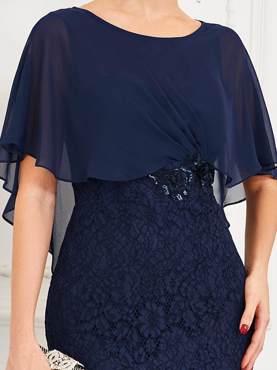 Lace Fishtail Chiffon Coverup Mother Of The Bride Dress #color_Navy Blue