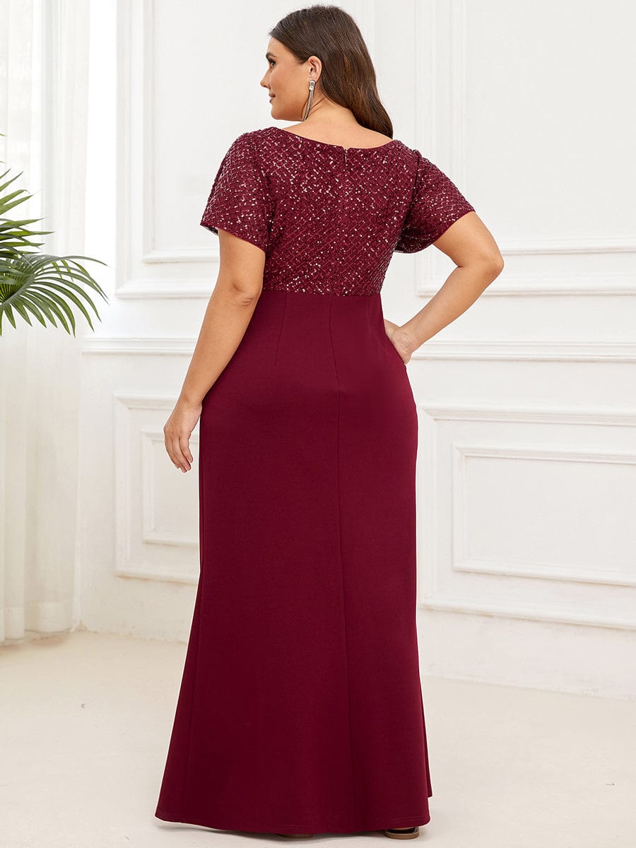 Plus Size Floor-Length Short Sleeve Sequin Mother of the Bride Dress #Color_Burgundy