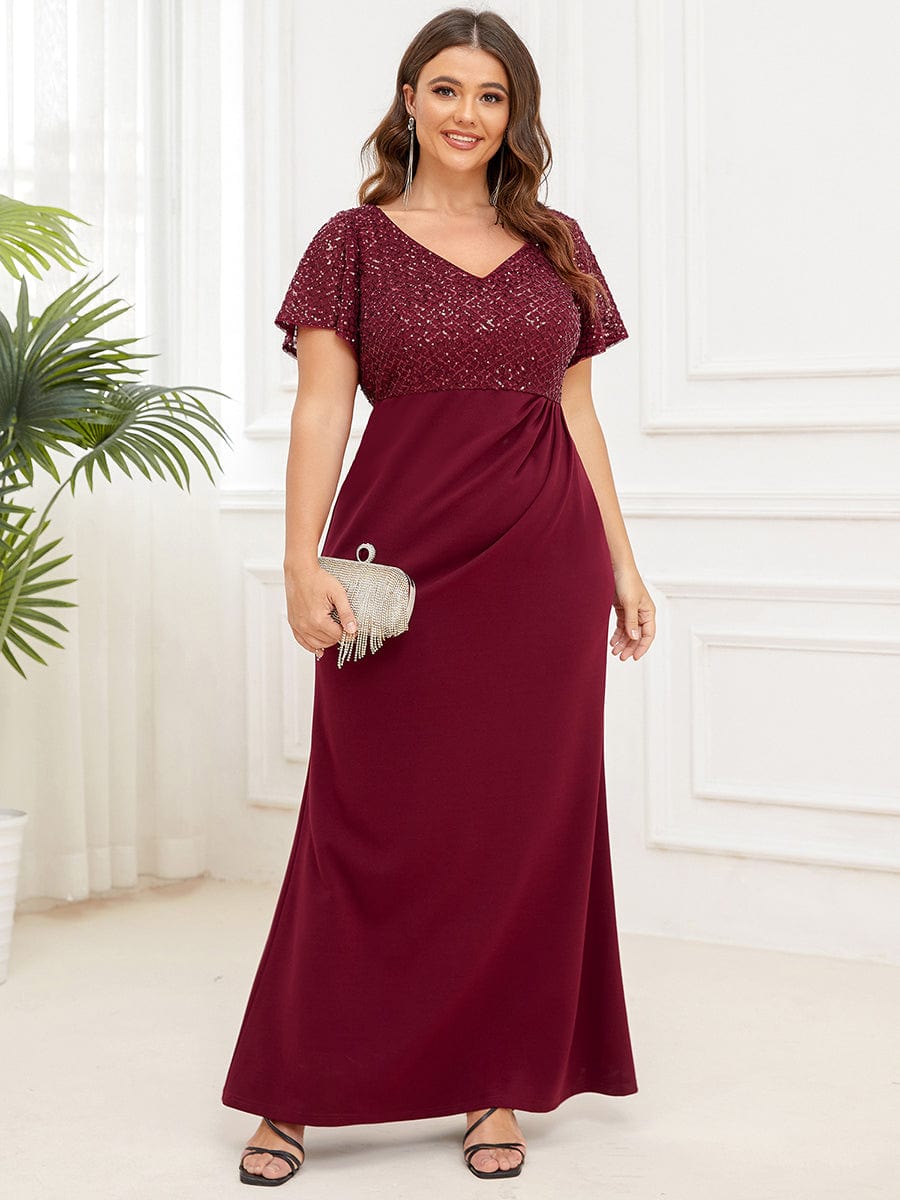 Plus Size Floor-Length Short Sleeve Sequin Mother of the Bride Dress #Color_Burgundy