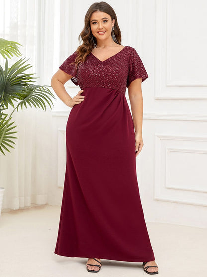 Plus Size Floor-Length Short Sleeve Sequin Mother of the Bride Dress #Color_Burgundy