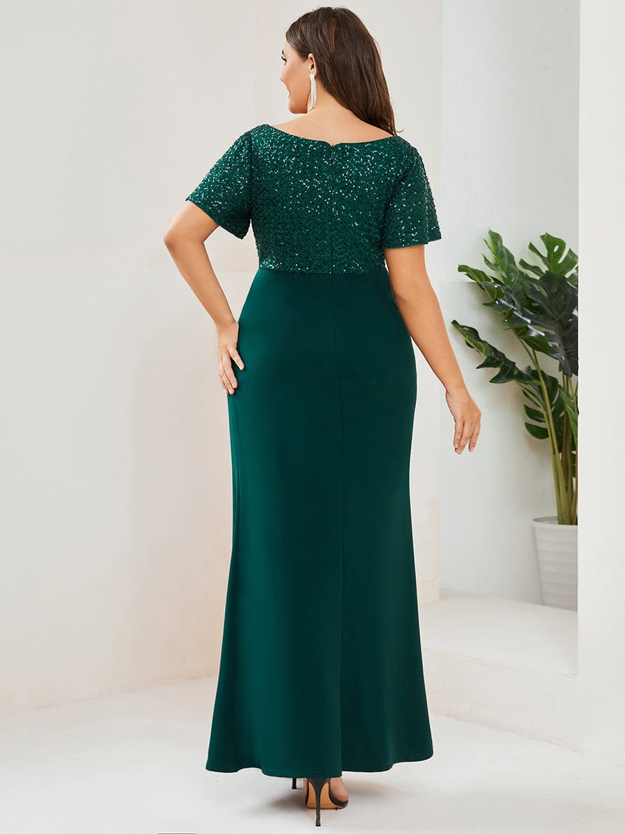 Plus Size Floor-Length Short Sleeve Sequin Mother of the Bride Dress #Color_Dark Green