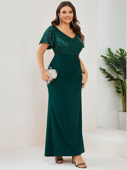 Plus Size Floor-Length Short Sleeve Sequin Mother of the Bride Dress #Color_Dark Green