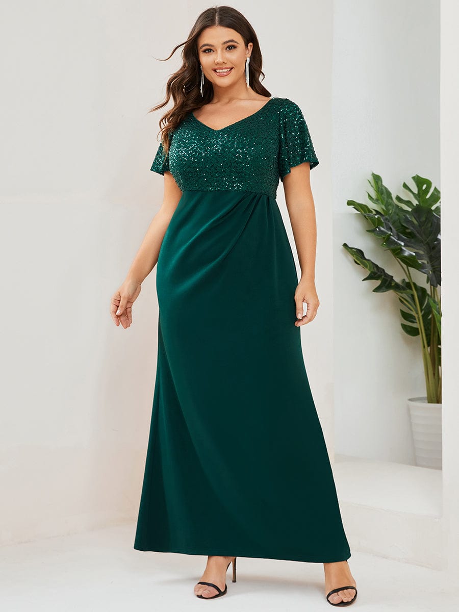 Plus Size Floor-Length Short Sleeve Sequin Mother of the Bride Dress #Color_Dark Green