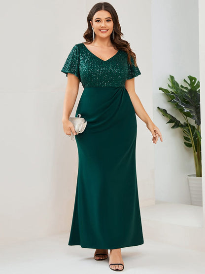 Plus Size Floor-Length Short Sleeve Sequin Mother of the Bride Dress #Color_Dark Green