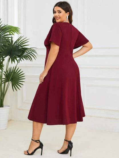 Plus Size Elegant Short Flutter Sleeve Midi Mother of the Bride Dress #Color_Burgundy