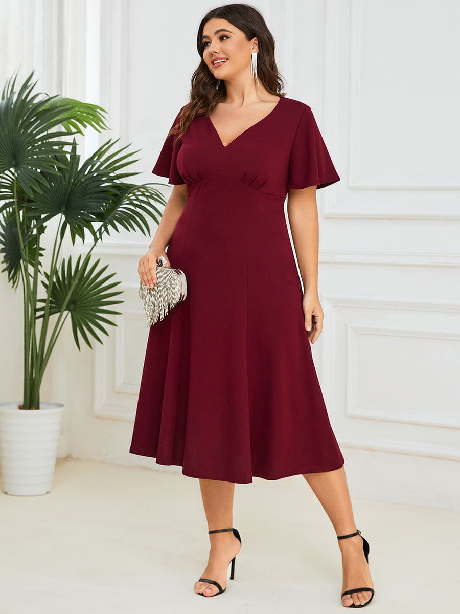 Plus Size Elegant Short Flutter Sleeve Midi Mother of the Bride Dress #Color_Burgundy