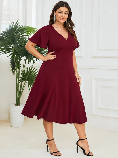 Plus Size Elegant Short Flutter Sleeve Midi Mother of the Bride Dress #Color_Burgundy