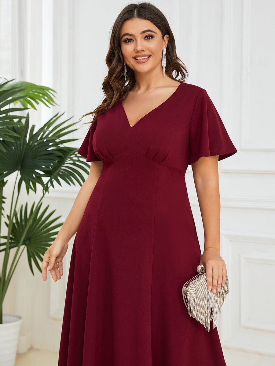 Short Flutter Sleeve V-Neck Midi Mother of the Bride Dress #Color_Burgundy