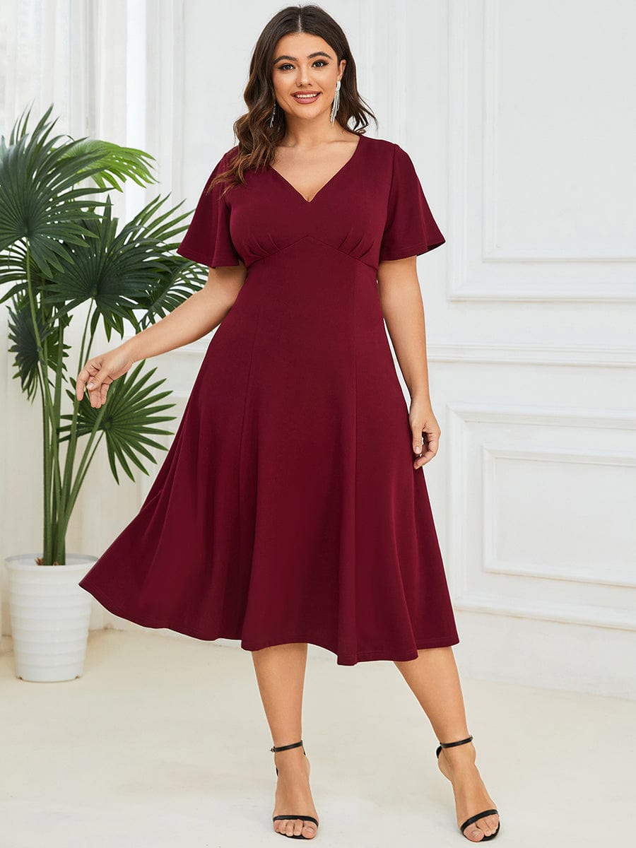 Short Flutter Sleeve V-Neck Midi Mother of the Bride Dress #Color_Burgundy