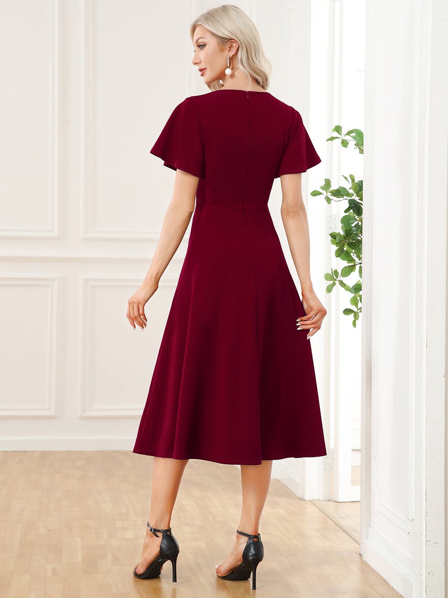 Short Flutter Sleeve V-Neck Midi Mother of the Bride Dress #Color_Burgundy