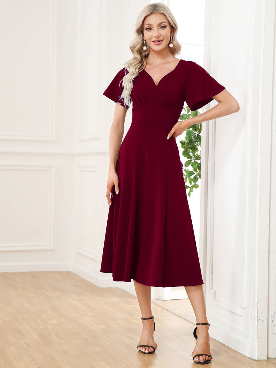 Short Flutter Sleeve V-Neck Midi Mother of the Bride Dress #Color_Burgundy