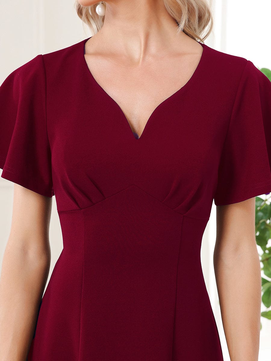 Short Flutter Sleeve V-Neck Midi Mother of the Bride Dress #Color_Burgundy