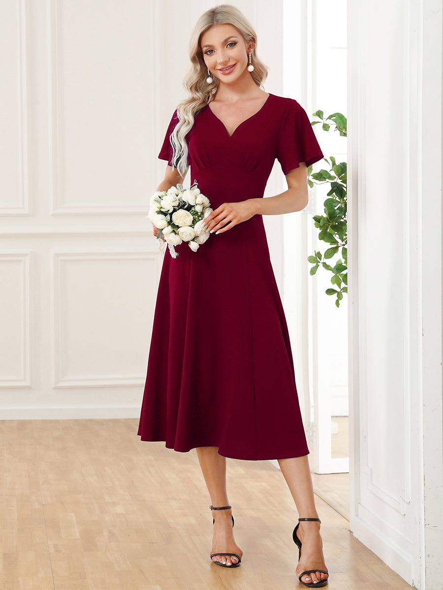 Short Flutter Sleeve V-Neck Midi Mother of the Bride Dress #Color_Burgundy