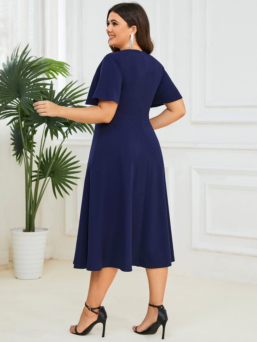 Plus Size Elegant Short Flutter Sleeve Midi Mother of the Bride Dress #Color_Navy Blue