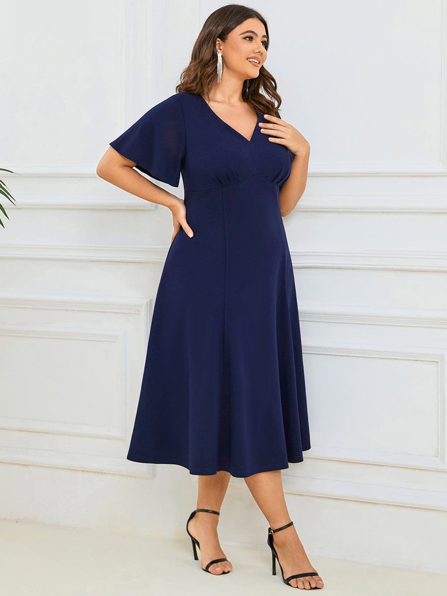 Plus Size Elegant Short Flutter Sleeve Midi Mother of the Bride Dress #Color_Navy Blue