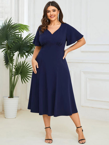 Short Flutter Sleeve V-Neck Midi Mother of the Bride Dress #Color_Navy Blue