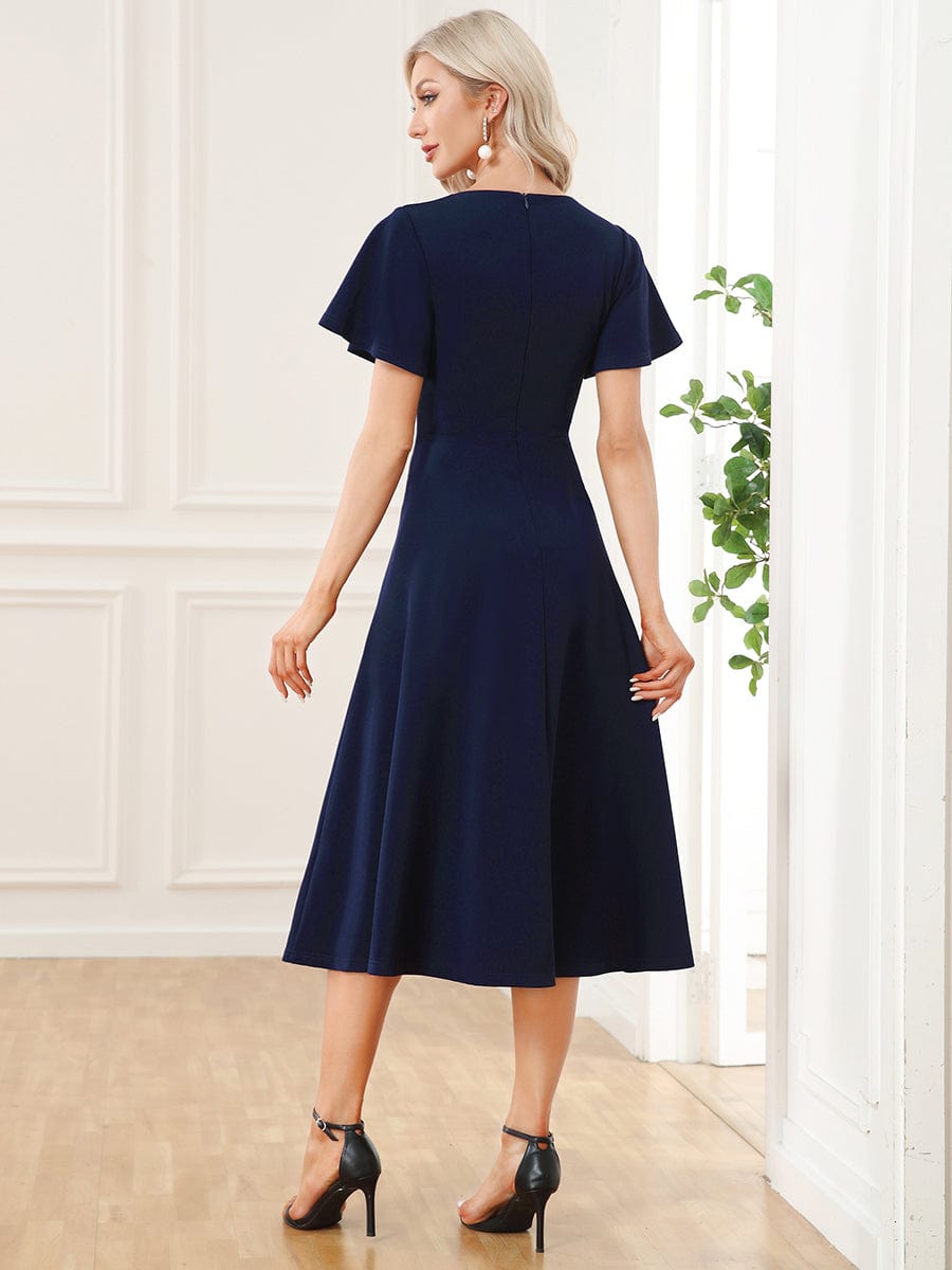 Short Flutter Sleeve V-Neck Midi Mother of the Bride Dress #Color_Navy Blue