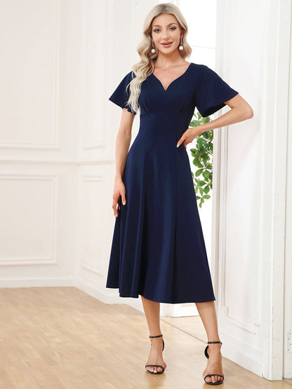 Short Flutter Sleeve V-Neck Midi Mother of the Bride Dress #Color_Navy Blue