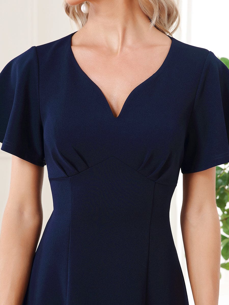 Short Flutter Sleeve V-Neck Midi Mother of the Bride Dress #Color_Navy Blue