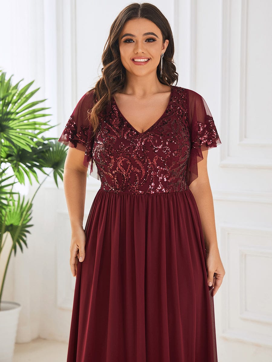 Custom Size V-Neck Short Sleeve Sequin Bodice Mother of the Bride Dress #Color_Burgundy