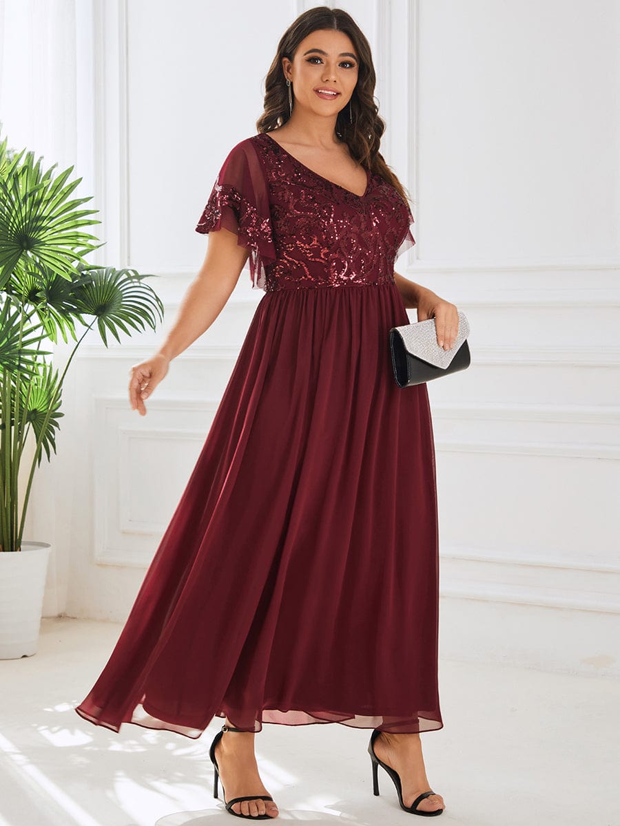 Short Sleeve V-Neck Sequin Chiffon A-Line Mother of the Bride Dress #Color_Burgundy