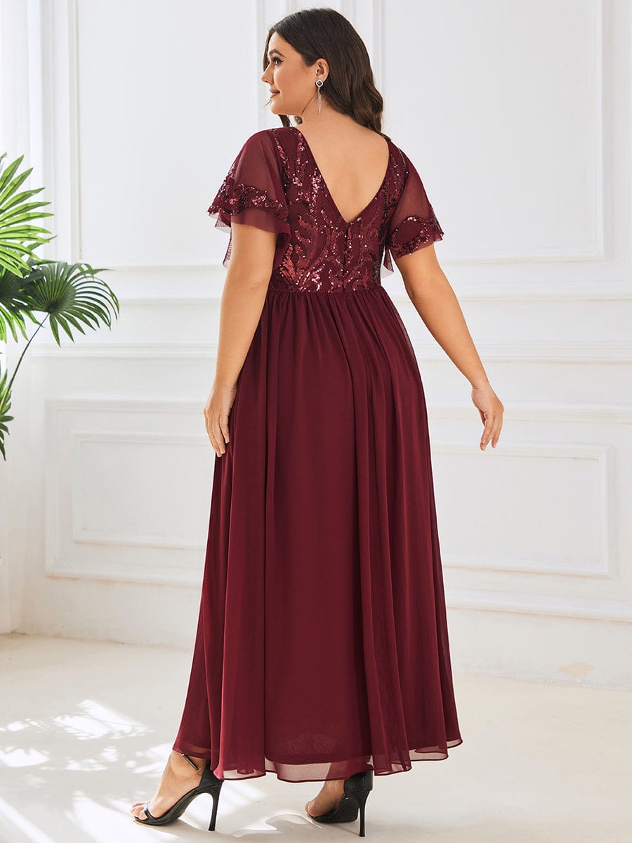 Custom Size V-Neck Short Sleeve Sequin Bodice Mother of the Bride Dress #Color_Burgundy