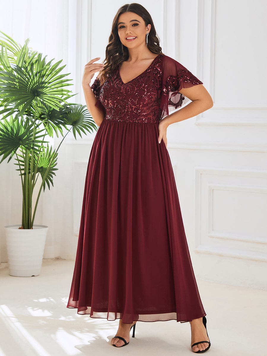 Custom Size V-Neck Short Sleeve Sequin Bodice Mother of the Bride Dress #Color_Burgundy