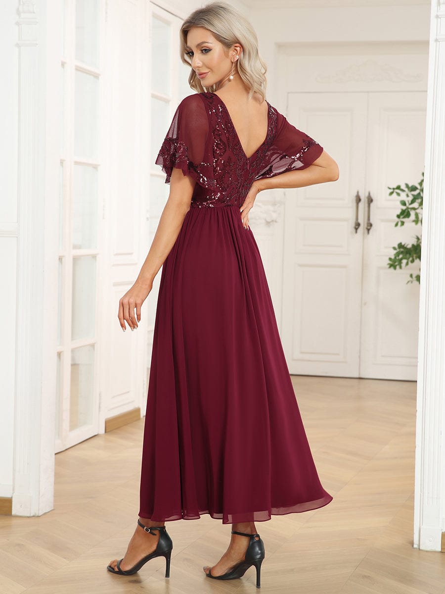 Short Sleeve V-Neck Sequin Chiffon A-Line Mother of the Bride Dress #Color_Burgundy