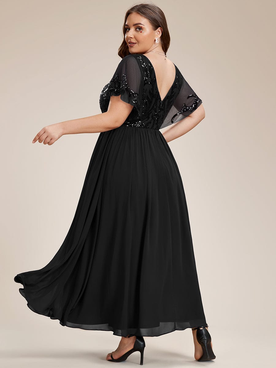 Short Sleeve V-Neck Sequin Chiffon A-Line Mother of the Bride Dress #Color_Black