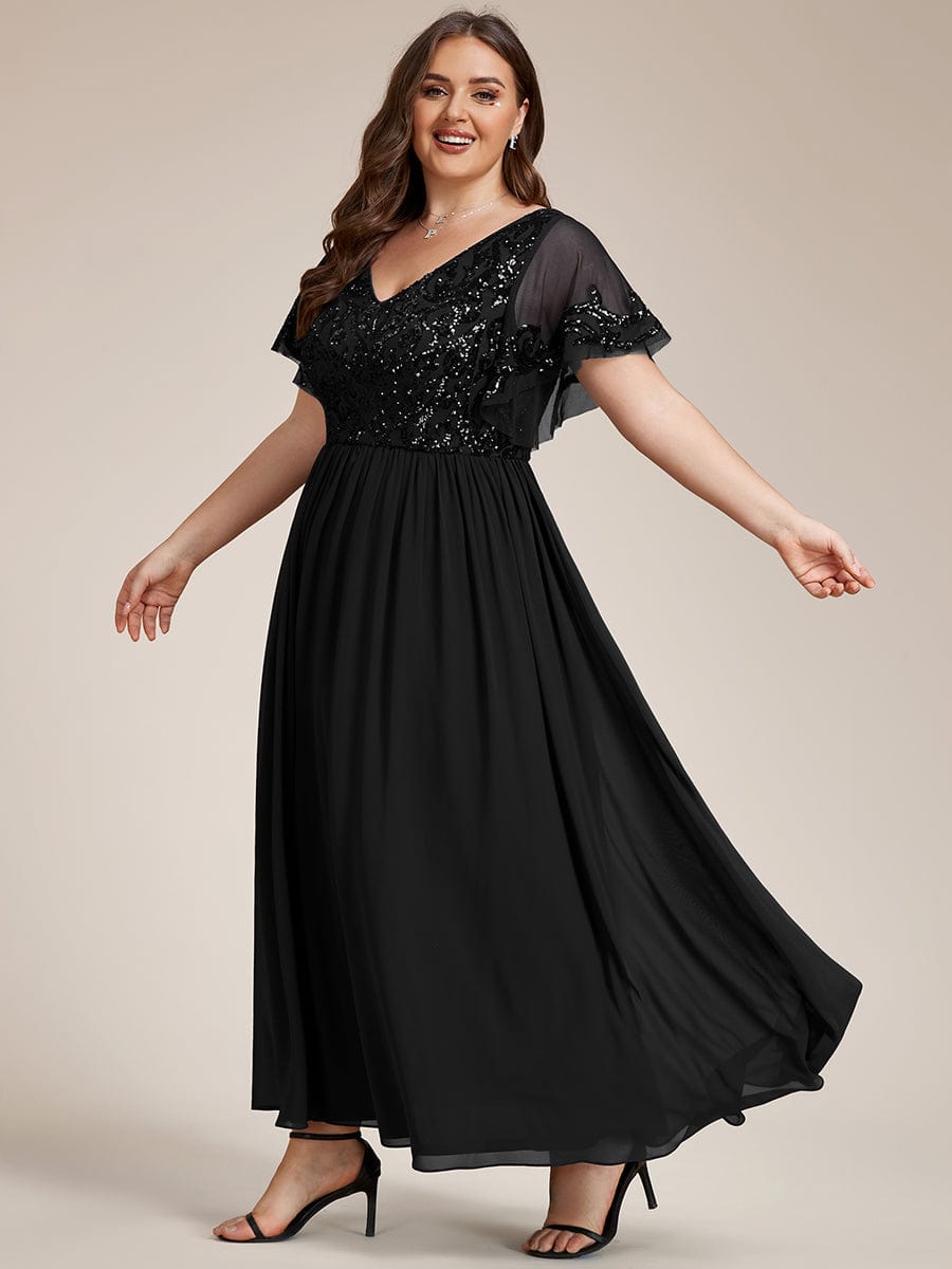 Plus Size V-Neck Short Sleeve Sequin Bodice Mother of the Bride Dress #Color_Black