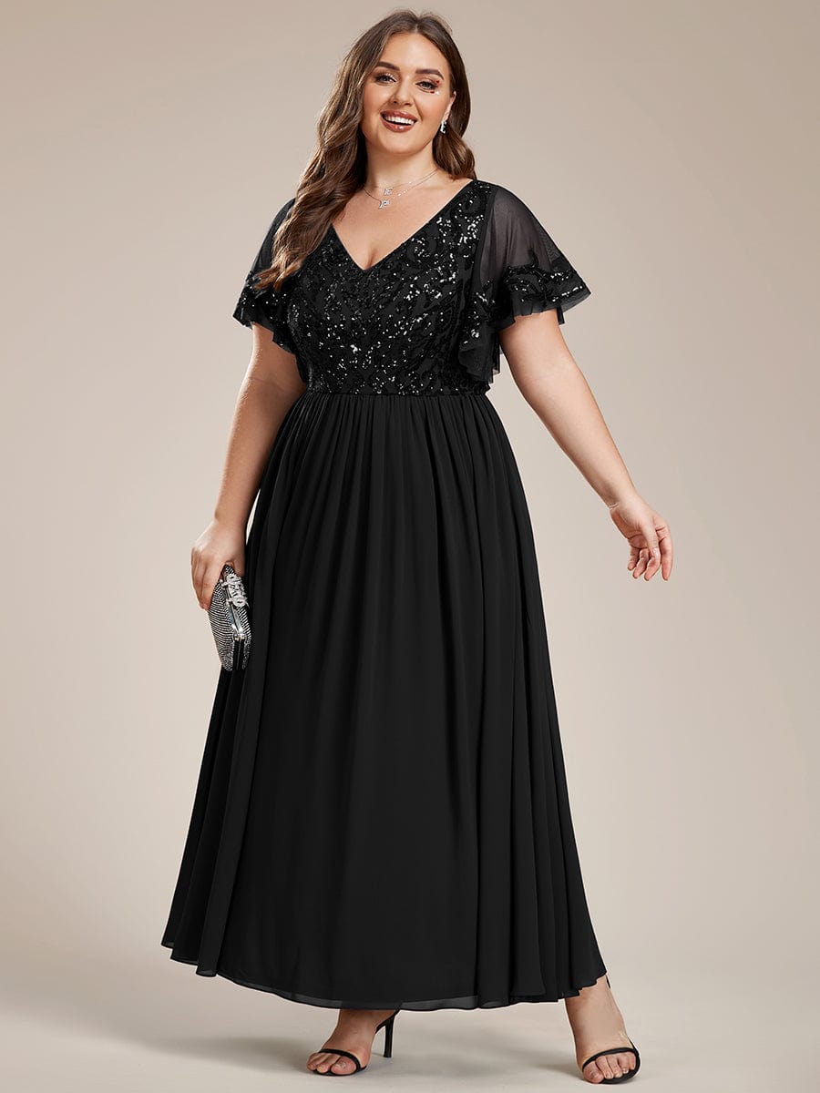 Plus Size V-Neck Short Sleeve Sequin Bodice Mother of the Bride Dress #Color_Black