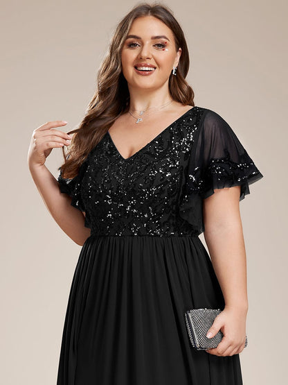 Short Sleeve V-Neck Sequin Chiffon A-Line Mother of the Bride Dress #Color_Black