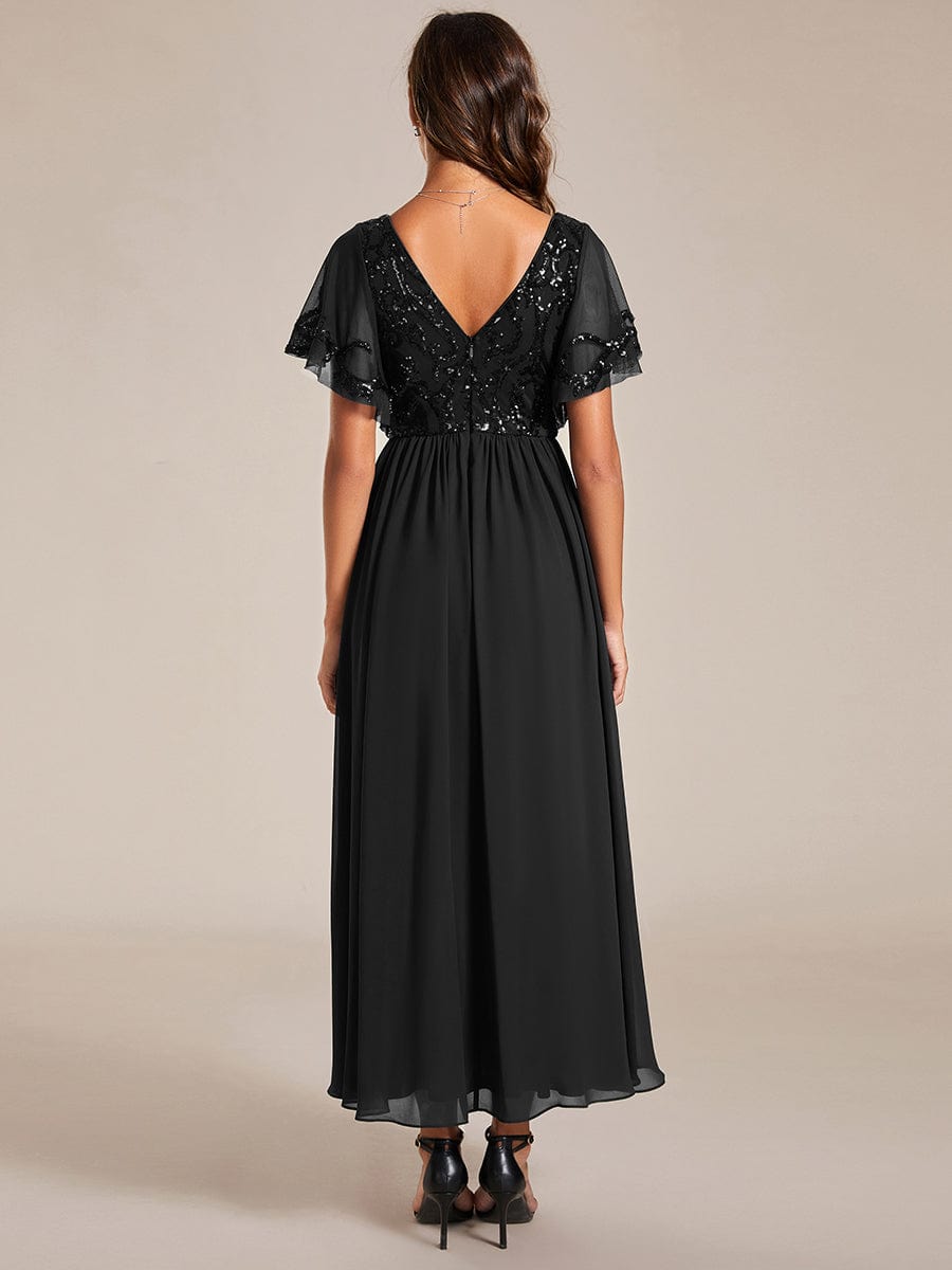 Short Sleeve V-Neck Sequin Chiffon A-Line Mother of the Bride Dress #Color_Black