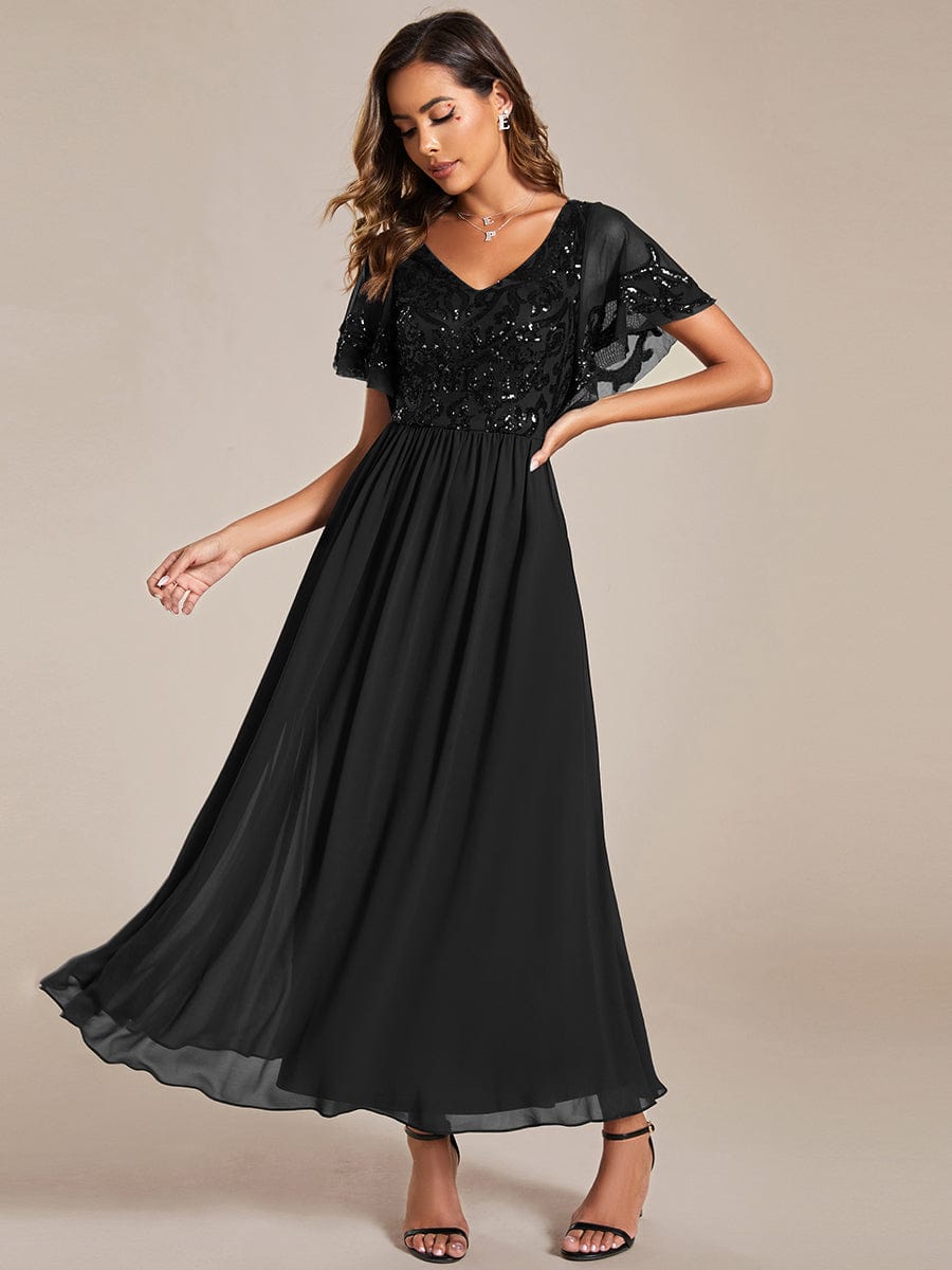 Short Sleeve V-Neck Sequin Chiffon A-Line Mother of the Bride Dress #Color_Black