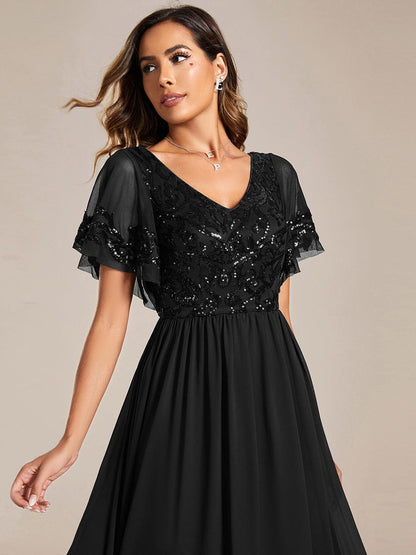 Short Sleeve V-Neck Sequin Chiffon A-Line Mother of the Bride Dress #Color_Black