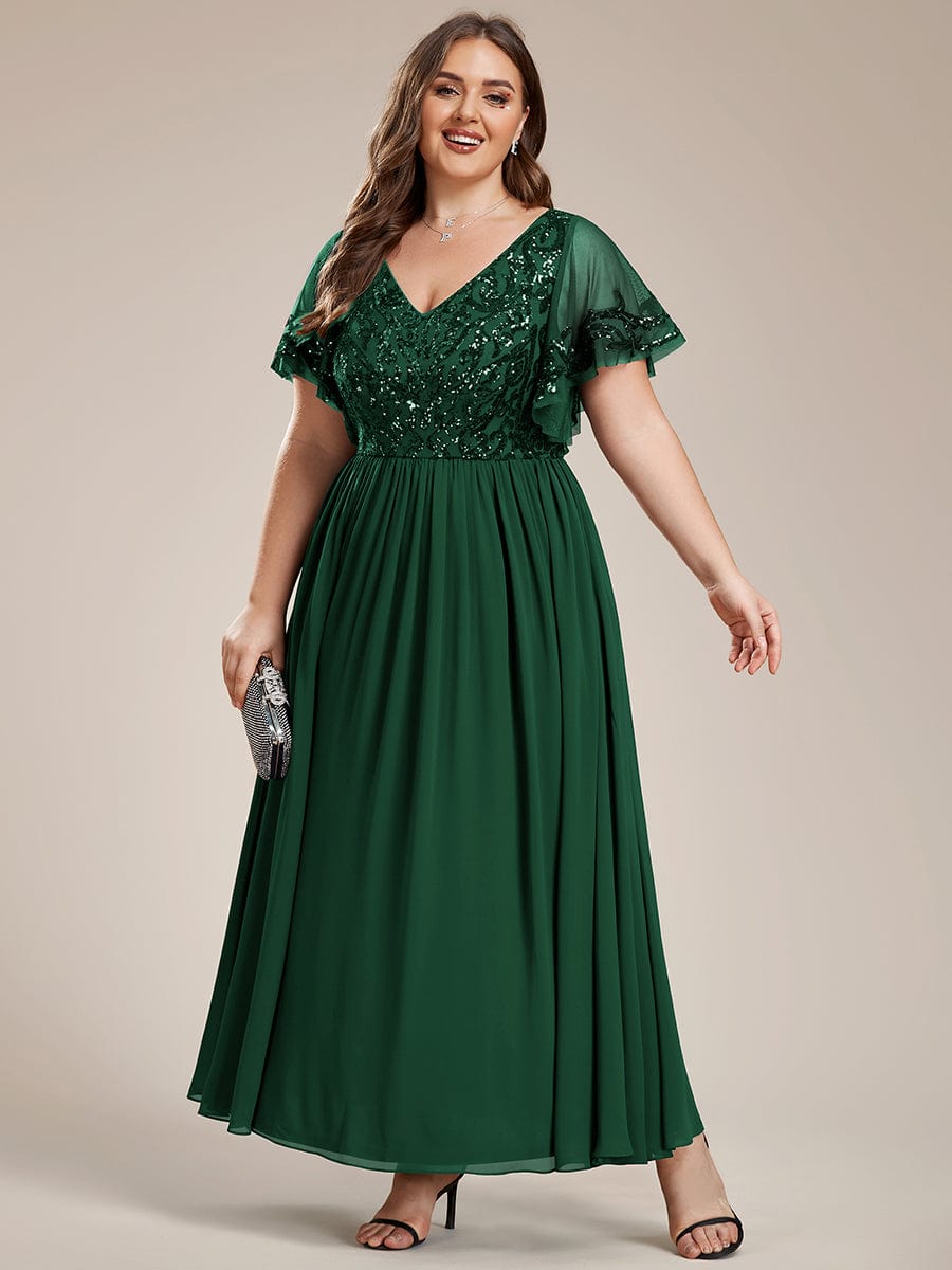 Short Sleeve V-Neck Sequin Chiffon A-Line Mother of the Bride Dress #Color_Dark Green