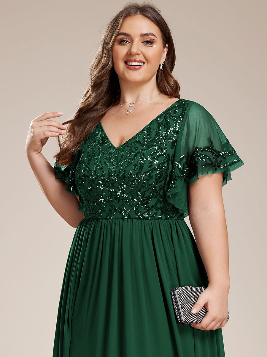 Short Sleeve V-Neck Sequin Chiffon A-Line Mother of the Bride Dress #Color_Dark Green