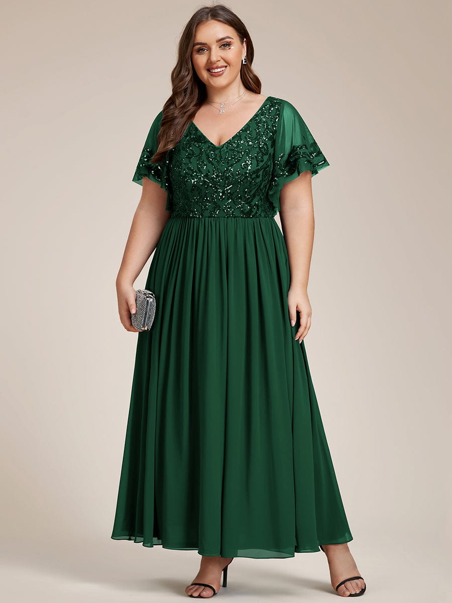 Plus Size V-Neck Short Sleeve Sequin Bodice Mother of the Bride Dress #Color_Dark Green